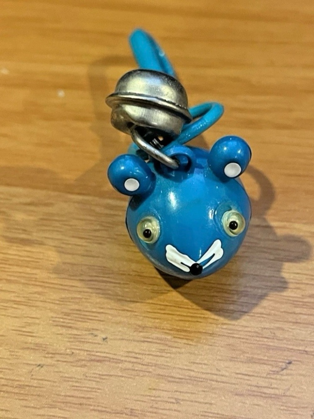 Vintage 1980s Plastic Bell Charm Blue Mouse With Tail Whiskers Clip On Necklace
